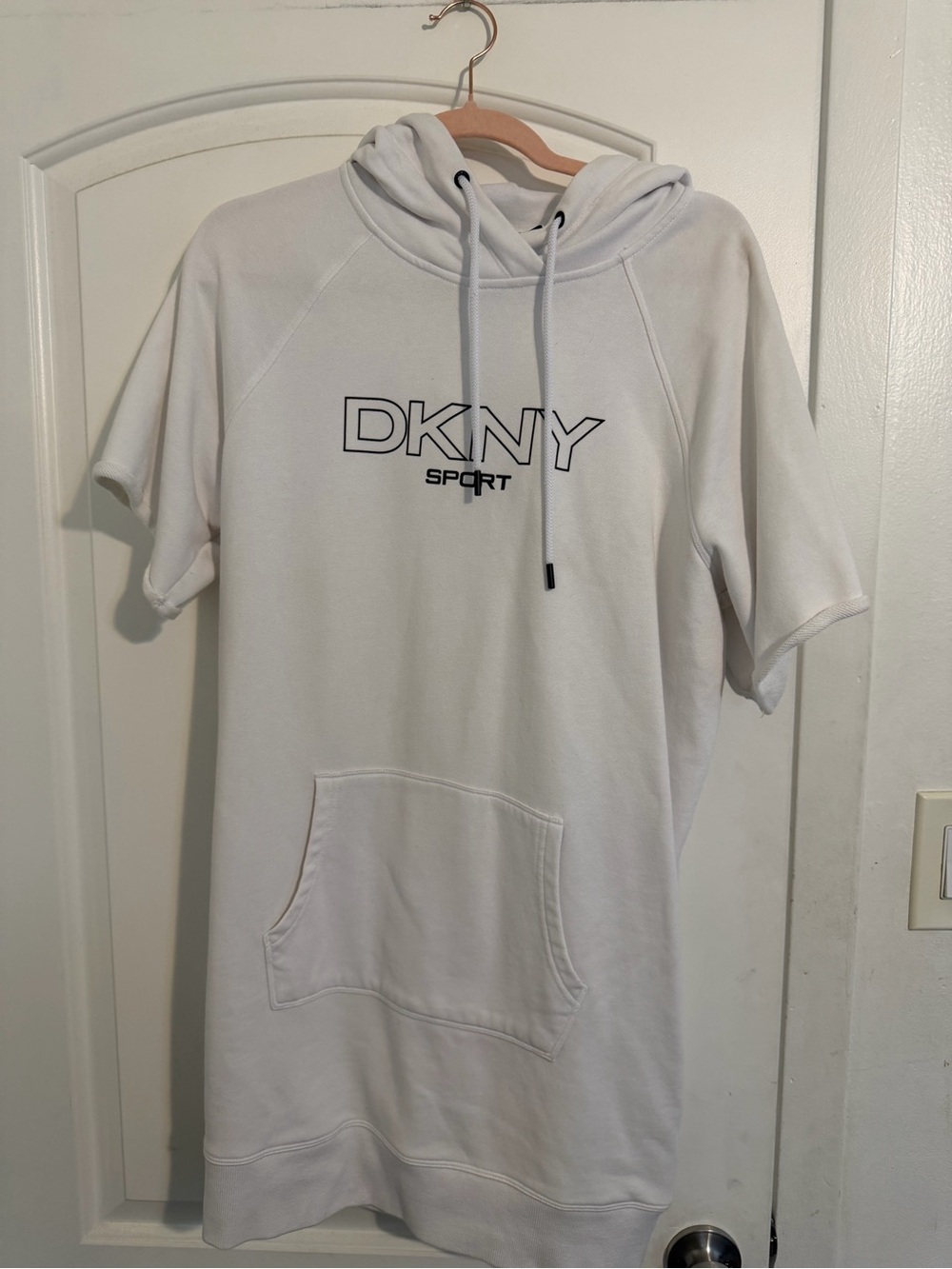 DKNY White Short-Sleeve Hooded Sweatshirt Dress